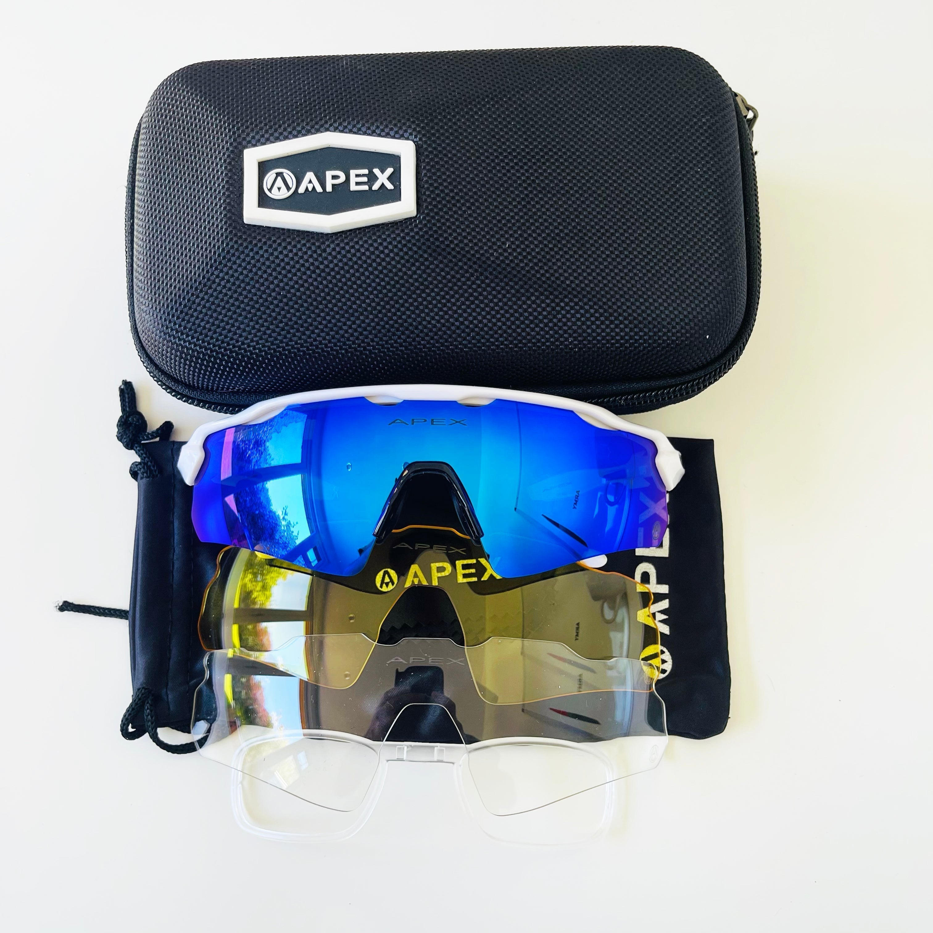 UKFRS APEX ATTACK SUNGLASSES - WHITE / BLUE REVO LENS